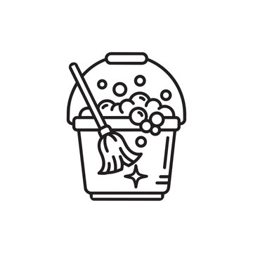 Cleaning bucket with mop and soap bubbles line icon Vector