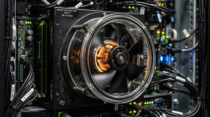 Fototapeta premium computer cooling fan with illuminated blades close up shot of server hardware