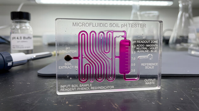 Microfluidic soil ph tester with pink liquid laboratory equipment and scientific analysis