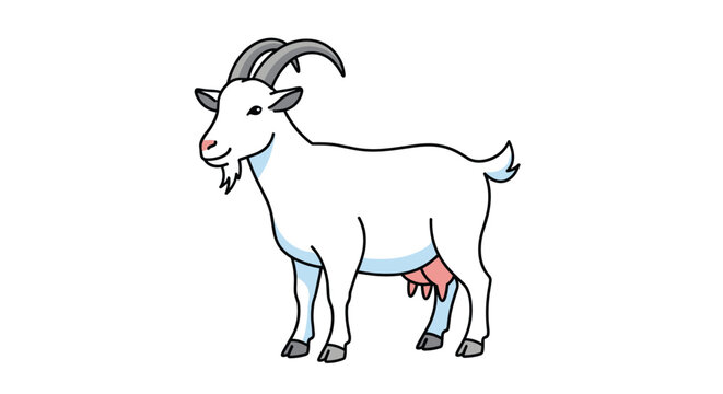 White domestic goat stands on a white background looking forward with small horns and a goatee beard in a simple illustration.
