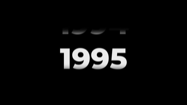 Year counter animation scrolling from 1980 to 2000. White 3D text flipping on black background. Time passing 20 year and history timeline concept. Retro decade progression motion graphics.