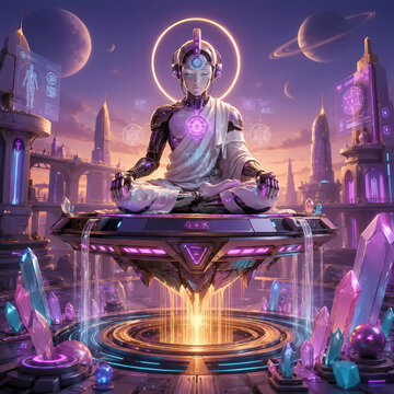 Generated art. Cyber ​​guru meditates.