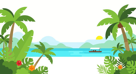 Obraz premium Tropical Island Paradise: Palm Trees, Ocean, Boat, Mountains, and Sunny Sky
