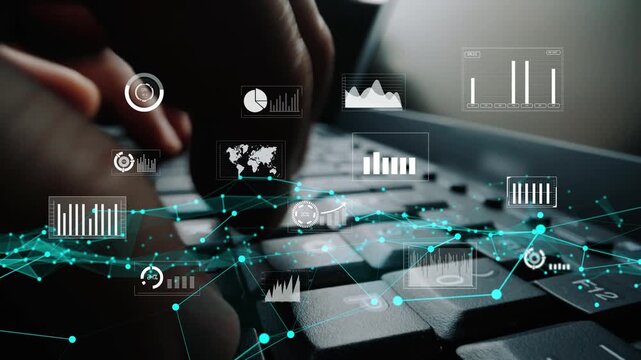 Close-up image of a finger typing on a keyboard with floating data analysis graphics and charts, symbolizing modern technology and business insights. Xenic