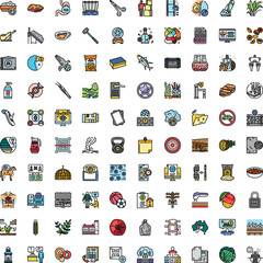 Fototapeta premium Large variety of outline vector icons depicting various concepts from daily life, technology, health, nature, and commerce, ideal for applications and user interfaces