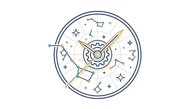 Astrology clock face with constellations and numbers.