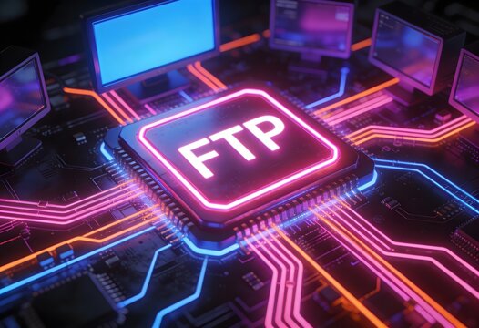 Glowing FTP server chip on circuit board surrounded by screens and neon lights