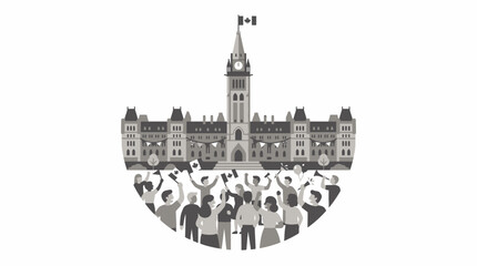 Obraz premium Canadian Parliament Building with Cheering Crowd and Flags