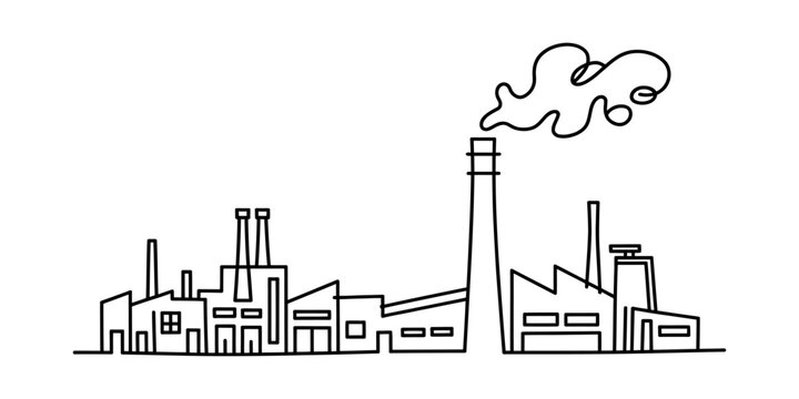 Continuous single line drawing of an industrial factory building with smoke coming out of the chimney stack on a simple minimal design style illustration Vector, illustration