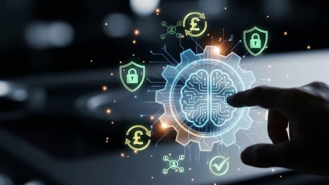Abstract Fintech Security and AI Brain Concept: Glowing Gear-Brain Hybrid Icon with Floating Protection Shields, Currency Vectors, and Data Nodes Over Blurred Hand Background