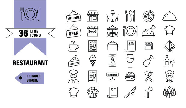 36 restaurant line icons in modern outline style, editable stroke. Containing fork, spoon, knife, plate, cloche, tray, chef hat, beverage, food, dining table, and waiter. Vector illustration. 