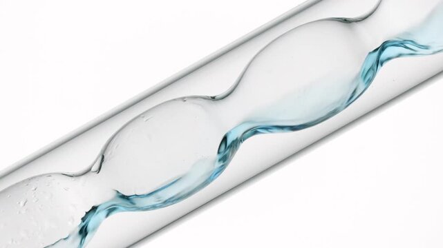 Magnified view of blue liquid being poured and filling up inclined bulb lab condenser on white background | Fragrance formulation concept