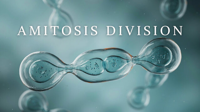 Amitosis cell division process with transparent cells and bubbles in a bluegreen liquid solution