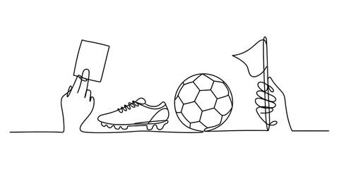 Soccer referee showing a red card, with a soccer ball, cleat, and corner flag © Jotish_Design Store