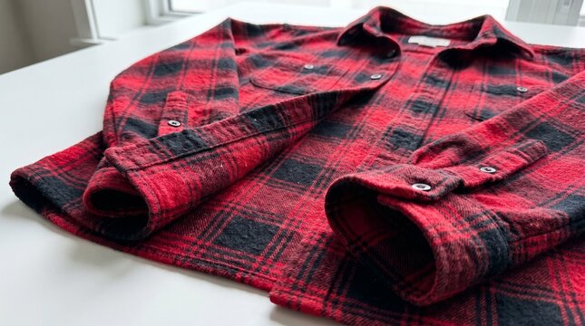 Folded red and black plaid flannel shirt on white surface