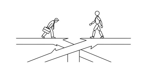 Fototapeta premium Sad businessman with briefcase walking on broken bridge towards a stick figure man