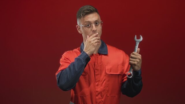 Young mechanic man in orange coverall holds a wrench and places hand to mouth gesture, wearing glasses against a red studio backdrop while inspecting the tool with shock; surprise.