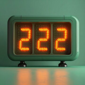 Retro digital clock displaying the number 222 in glowing orange neon lights against a smooth green background