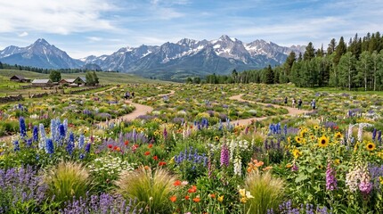 Obraz premium Vibrant Wildflower Meadow in Full Bloom with Mountain Range Background