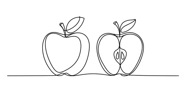 Continuous line drawing of a whole apple and a sliced apple with seeds and stem and leaf on a simple line background