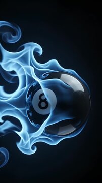 A black eight ball engulfed in vibrant blue flames against a dark background