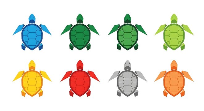 Colorful geometric turtle set, different hues, top view, on white background