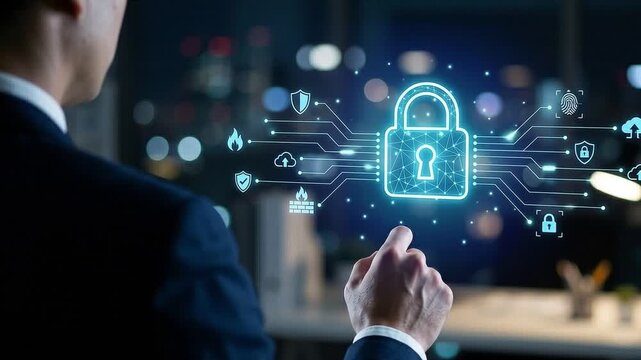 Cybersecurity and Data Protection Concept: Executive Hand Activating Glowing Holographic Padlock and Firewall Interface