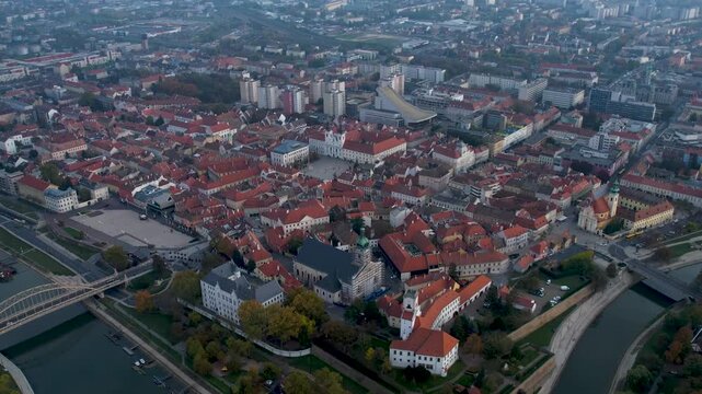 Aerial view around the old town city  Győr or Gy&ouml;r in Hungary on a cloudy autumn day