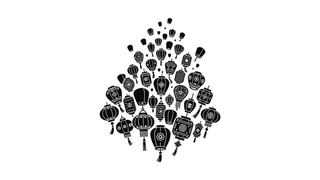 Black lanterns floating upwards, creating a cloud shape against white background.