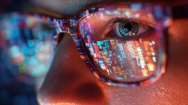 Person wearing glasses with colorful digital data and code reflections showcasing technology, innovation, and futuristic computer programming concepts