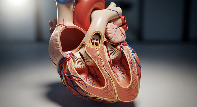 Detailed 3d anatomical model of a human heart showing internal structure and blood vessels