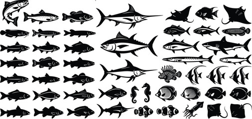 Obraz premium Collection of fish silhouettes on a white background a variety of marine life illustrations aquatic ocean sea silhouette vector illustration black and white shoal