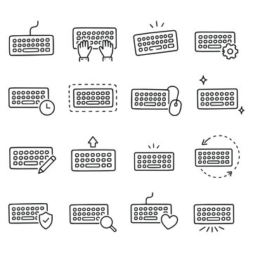 Keyboard Computing Outline Icons Set. Diverse linear depictions of computer input peripherals illustrating various actions and digital concepts. Ideal for technology, productivity, and communication.