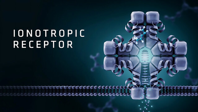 Ionotropic receptor molecular structure with subunits and ligand binding sites on cell membrane  scientific illustration
