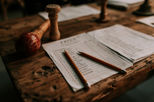 Trivia Night Fun: Casual Game Night on Wooden Table with Pencils, Paper Sheets and Rustic Decor