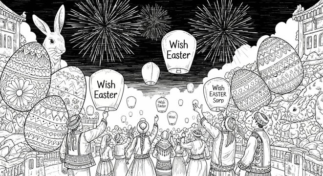 People celebrating Easter with bunny ears and decorated eggs.