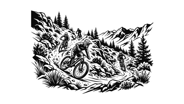 Mountain Biking Adventure: Cyclists Descending Rocky Trail in Nature