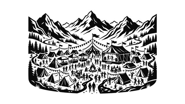 Mountain Festival Camp Scene with Tents and Banners