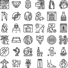Fototapeta premium Collection of diverse line style icons covering concepts like business, technology, science, medical, media, and various abstract themes, perfect for interfaces and digital projects