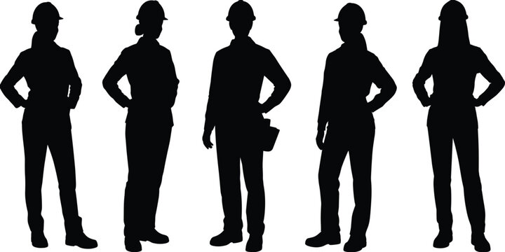 Female construction workers silhouette vector set, women builder contractor icons, carpenter maintenance team graphics, hard hat isolated black illustrations,