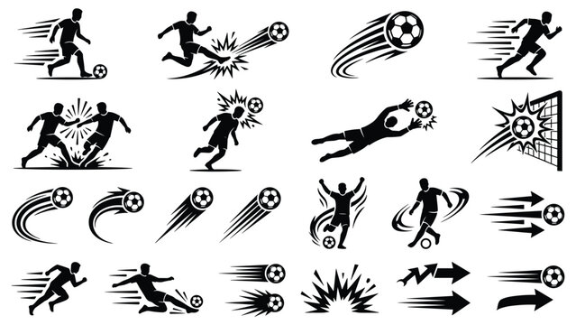 Soccer player silhouette icons vector illustration set with football action poses and motion trails for sports design