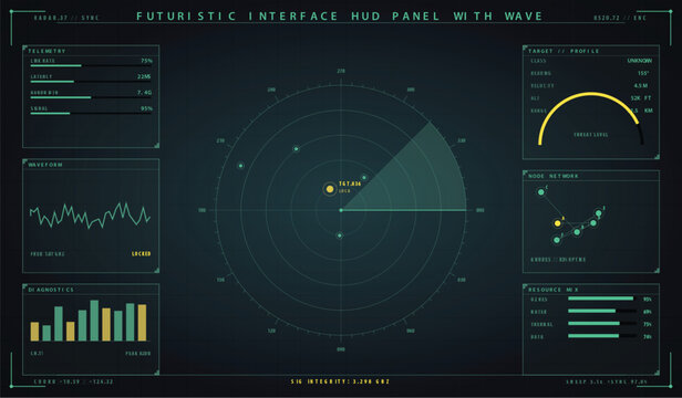 Futuristic hud interface panel with radar screen, data telemetry and wave analysis vector illustration