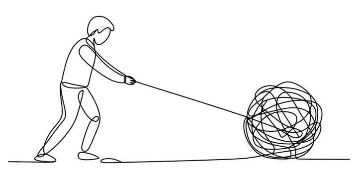 Man pulling a tangled messy ball of string with a single line drawing