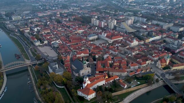 Aerial view around the old town city  Győr or Gy&ouml;r in Hungary on a cloudy autumn day