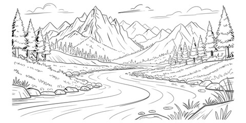 Fototapeta premium Black and white line art drawing of a beautiful mountain landscape with a winding river and pine trees in a natural forest setting Vector, illustration