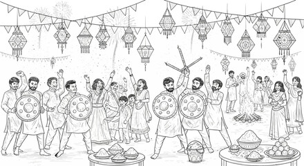 Obraz premium Traditional Onam festival line art with flower carpets and dance.