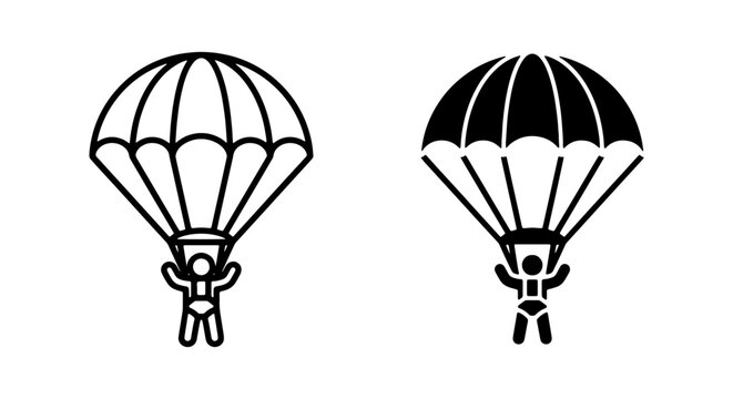 Parachute Icon Set, Skydiver Vector Graphics, Adventure Sport Symbols, Black and White Outline