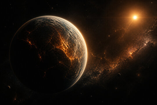 A large, fiery planet orbits near a bright star within a dark, starry galaxy.