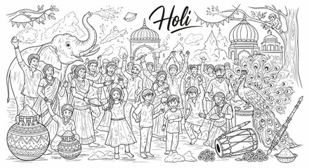 Obraz premium Joyful crowd celebrating Holi festival with colored powder and music.