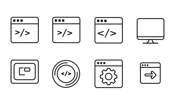 Web development and coding icons set in line style